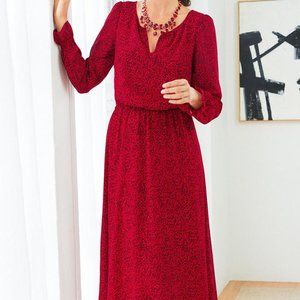 Talbots Smocked Split Neck Dress RED / BLACK pop pattern Size 8